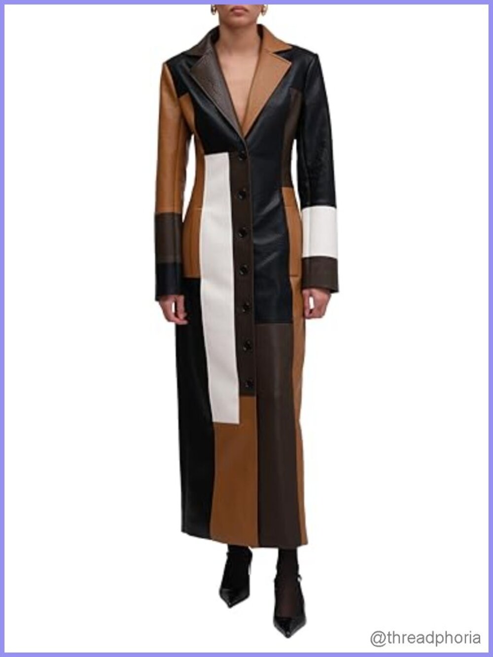 Tailored Faux Leather Coat Colorblock Long Sleeve Button Front